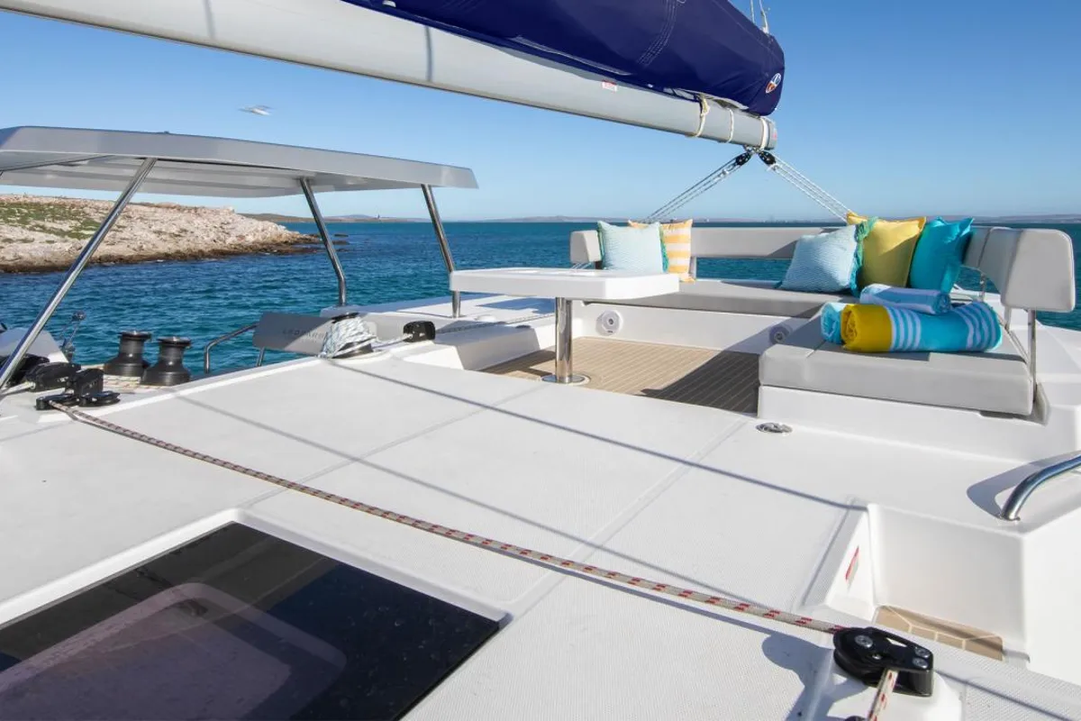 Exterior view of Moorings 4200/4 Exclusive, a Leopard 42 catamaran at Procida, Italy