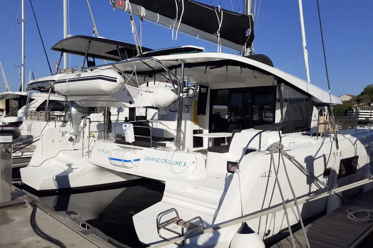 Exterior view of GRAND DELUXE II, a Lagoon 42 catamaran at Grad Šibenik, Croatia