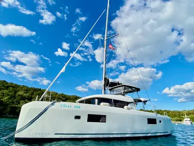 Exterior view of GRAND DELUXE II, a Lagoon 42 catamaran at Grad Šibenik, Croatia