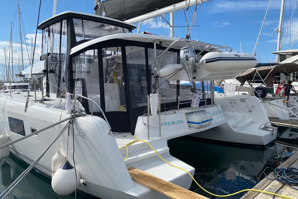 Exterior view of GRAND DELUXE II, a Lagoon 42 catamaran at Grad Šibenik, Croatia