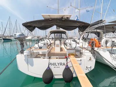 Cockpit of Philyra, a Beneteau Oceanis 38.1 sailboat at Municipal Unit of Lefkada, Greece