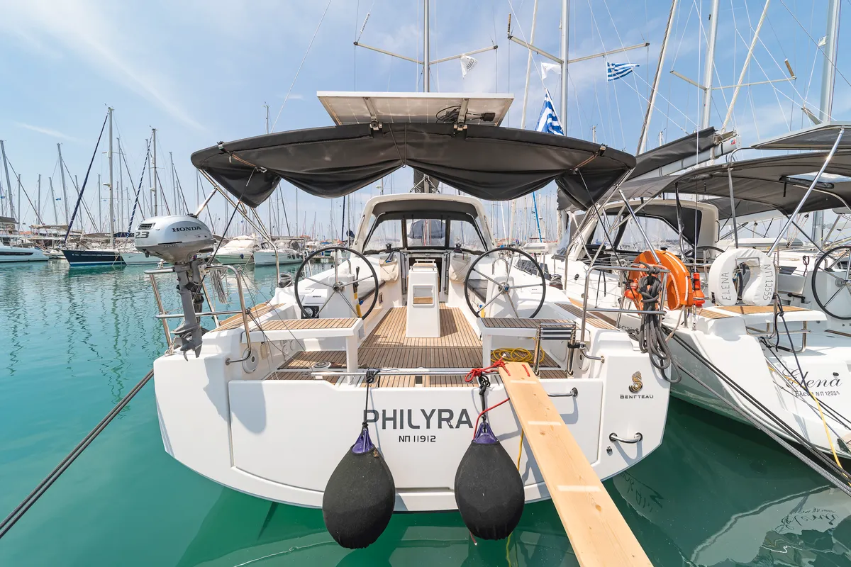 Cockpit of Philyra, a Beneteau Oceanis 38.1 sailboat at Municipal Unit of Lefkada, Greece