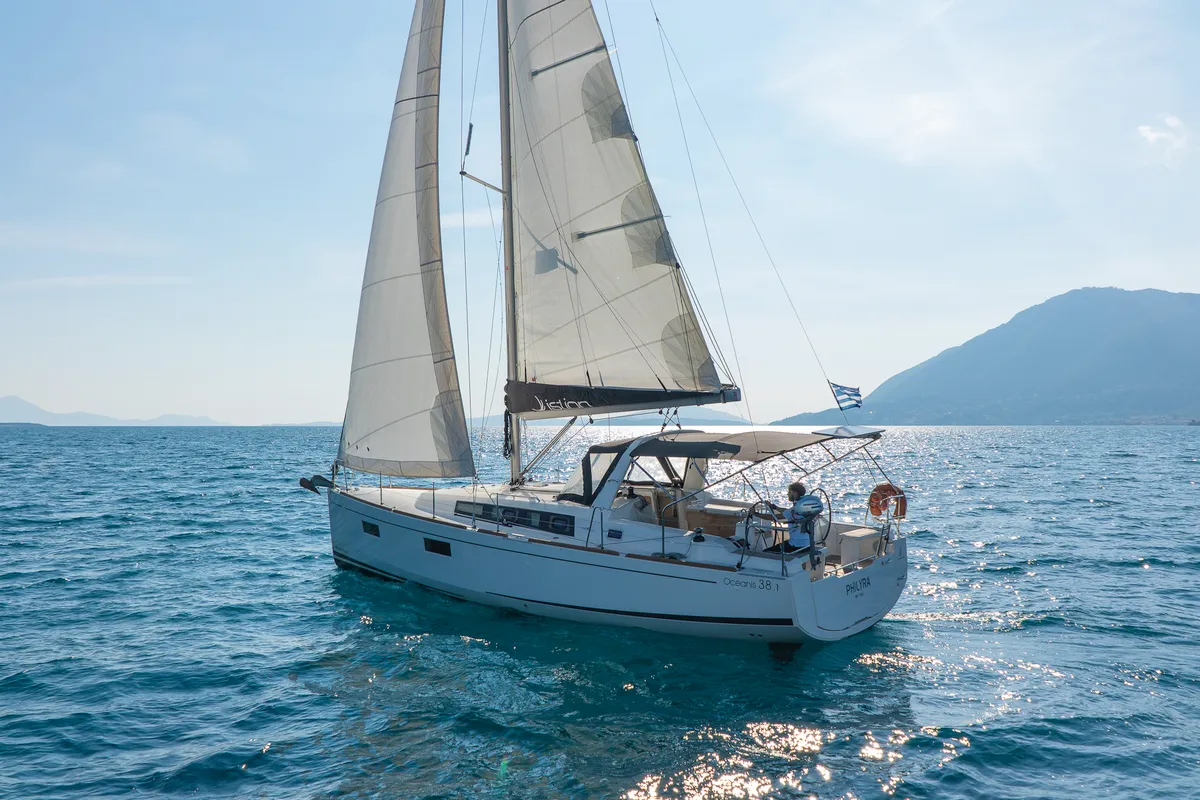 Exterior view of Philyra, a Beneteau Oceanis 38.1 sailboat at Municipal Unit of Lefkada, Greece