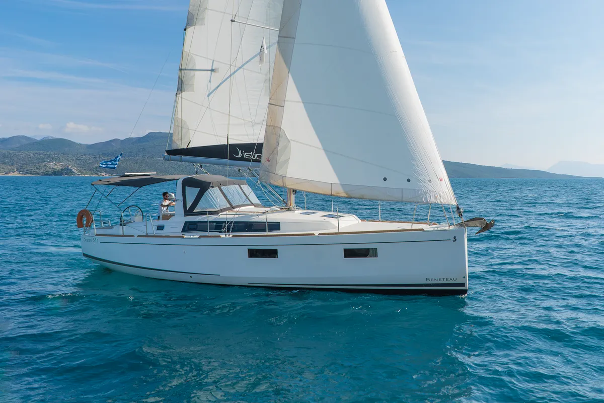 Exterior view of Philyra, a Beneteau Oceanis 38.1 sailboat at Municipal Unit of Lefkada, Greece