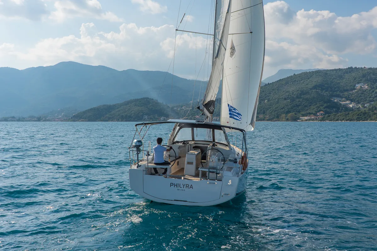 Exterior view of Philyra, a Beneteau Oceanis 38.1 sailboat at Municipal Unit of Lefkada, Greece