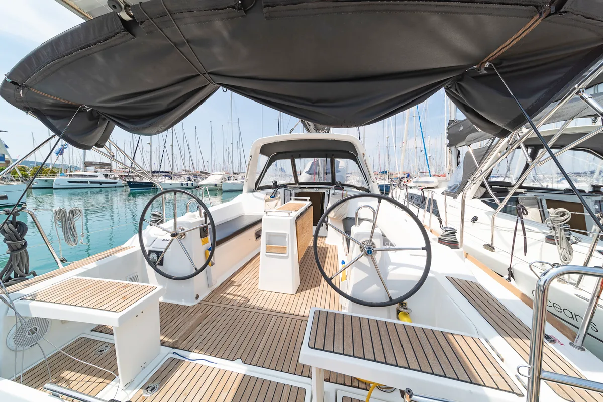 Cockpit of Philyra, a Beneteau Oceanis 38.1 sailboat at Municipal Unit of Lefkada, Greece