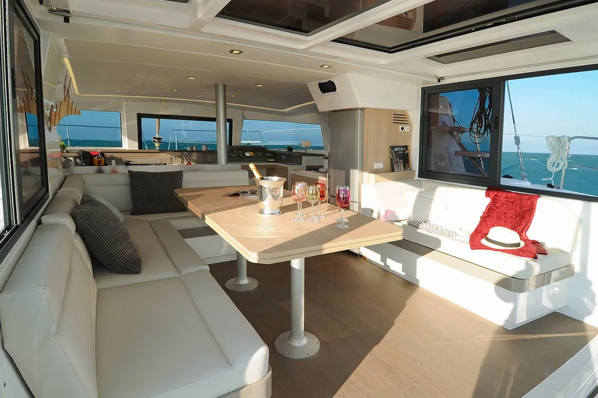 Salon of Galassia, a Bali 4.1 catamaran at Kontokali, Greece