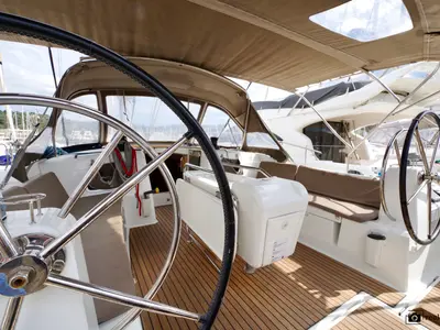 Cockpit of Bianca, a Jeanneau Sun Odyssey 519 sailboat at Puntone di Scarlino, Italy