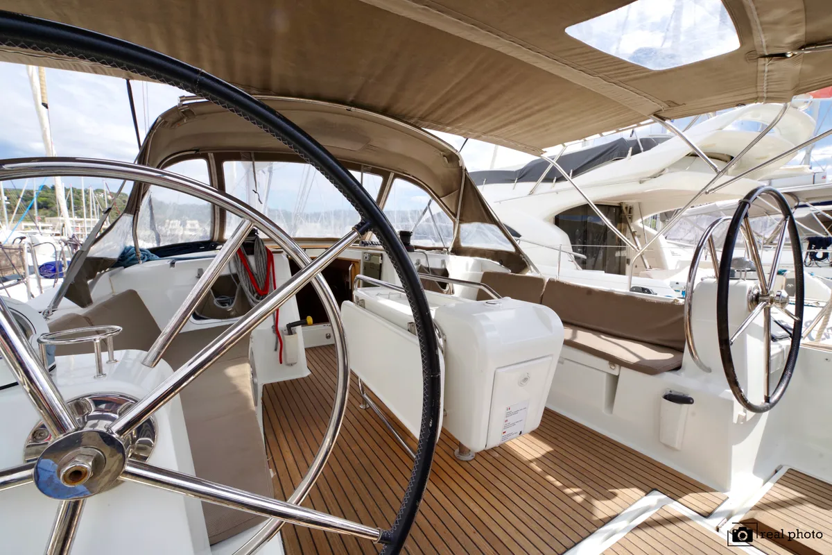 Cockpit of Bianca, a Jeanneau Sun Odyssey 519 sailboat at Puntone di Scarlino, Italy