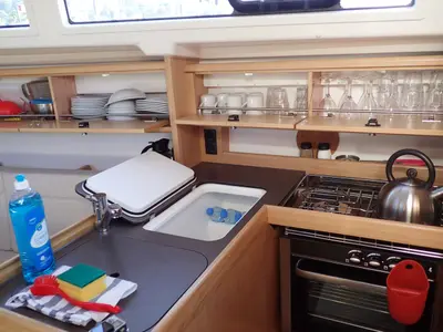 Galley of Sora, a Bavaria Cruiser 34 sailboat at Fethiye, Turkey
