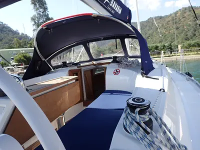 Deck of Sora, a Bavaria Cruiser 34 sailboat at Fethiye, Turkey