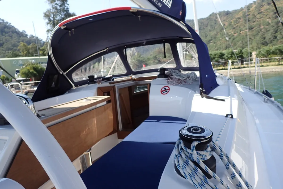 Deck of Sora, a Bavaria Cruiser 34 sailboat at Fethiye, Turkey