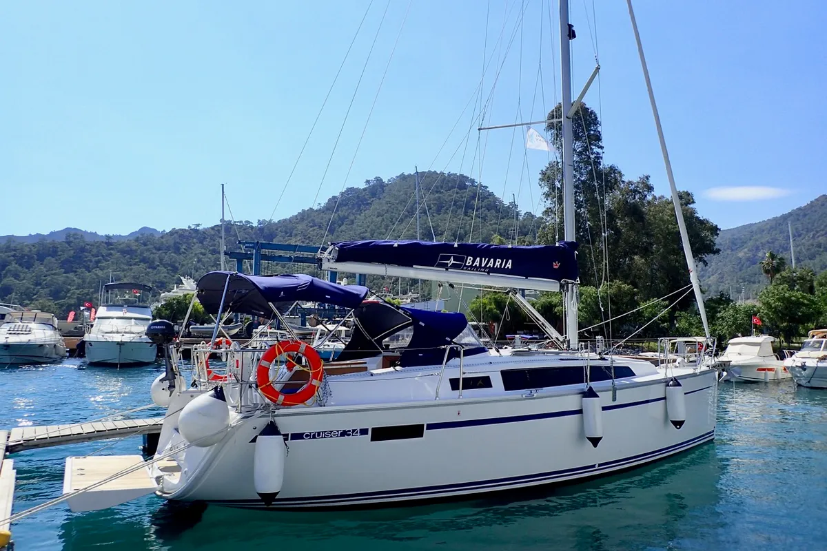 Exterior view of Sora, a Bavaria Cruiser 34 sailboat at Fethiye, Turkey