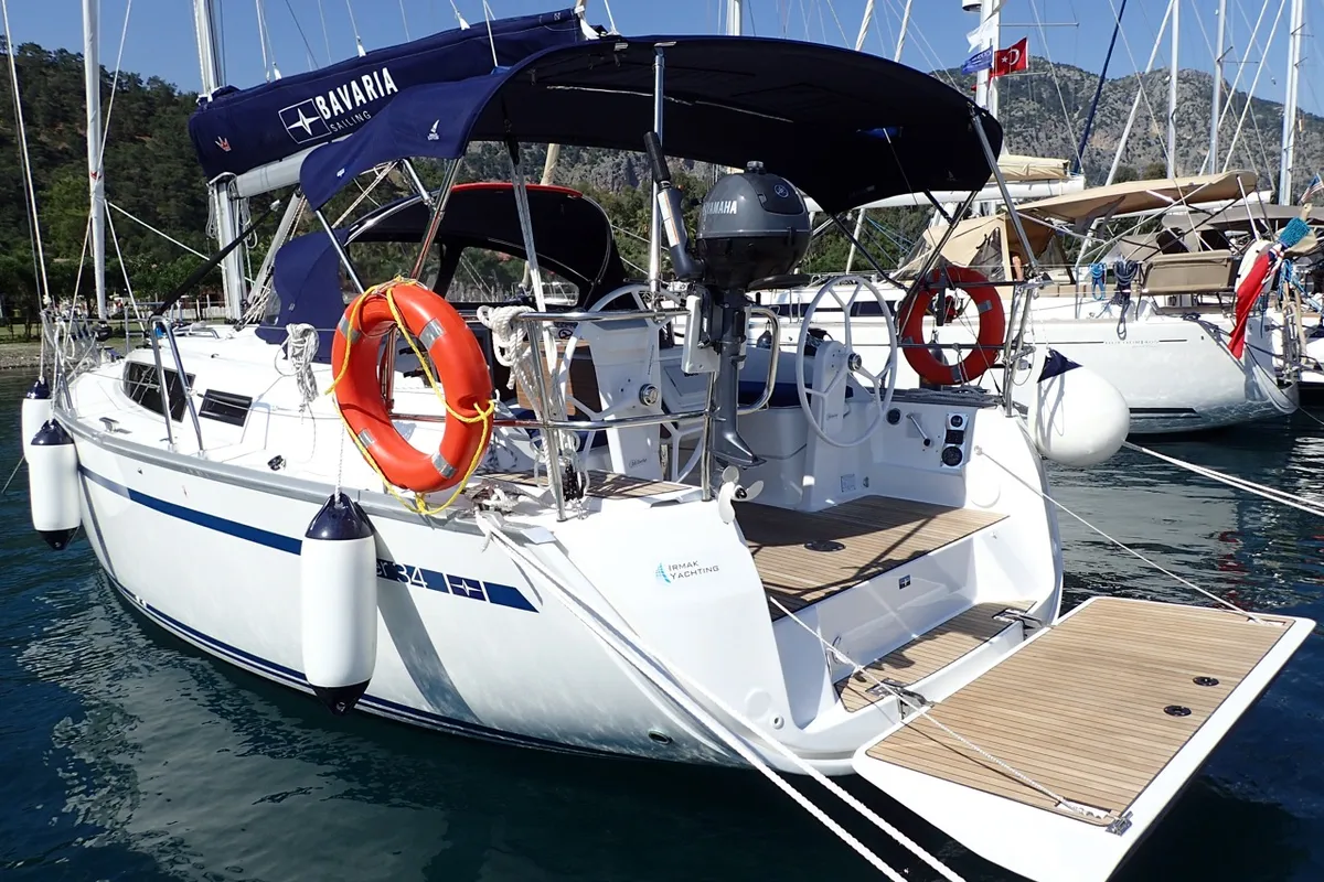 Exterior view of Sora, a Bavaria Cruiser 34 sailboat at Fethiye, Turkey