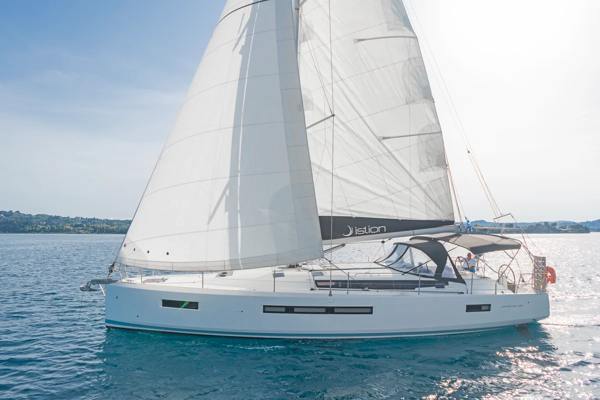 Exterior view of Pileas, a Jeanneau Sun Odyssey 490 sailboat at Kontokali, Greece