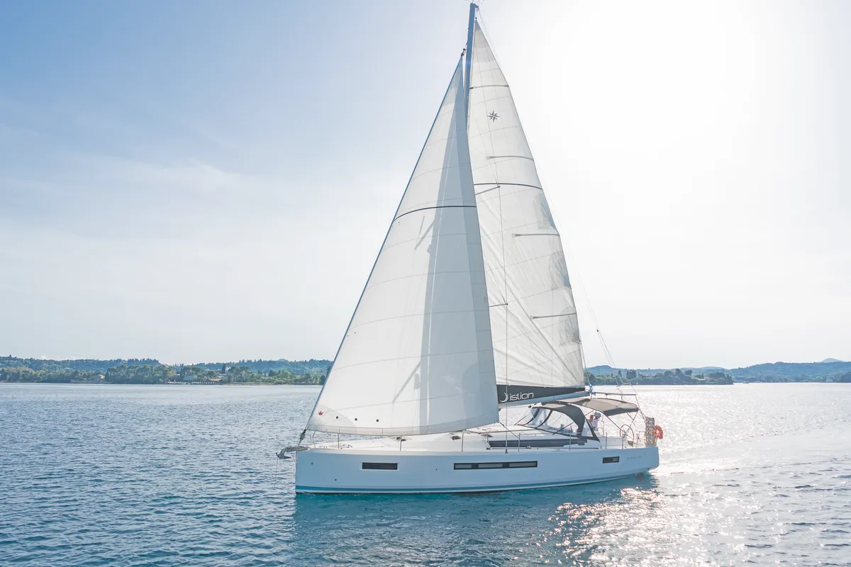 Exterior view of Pileas, a Jeanneau Sun Odyssey 490 sailboat at Kontokali, Greece