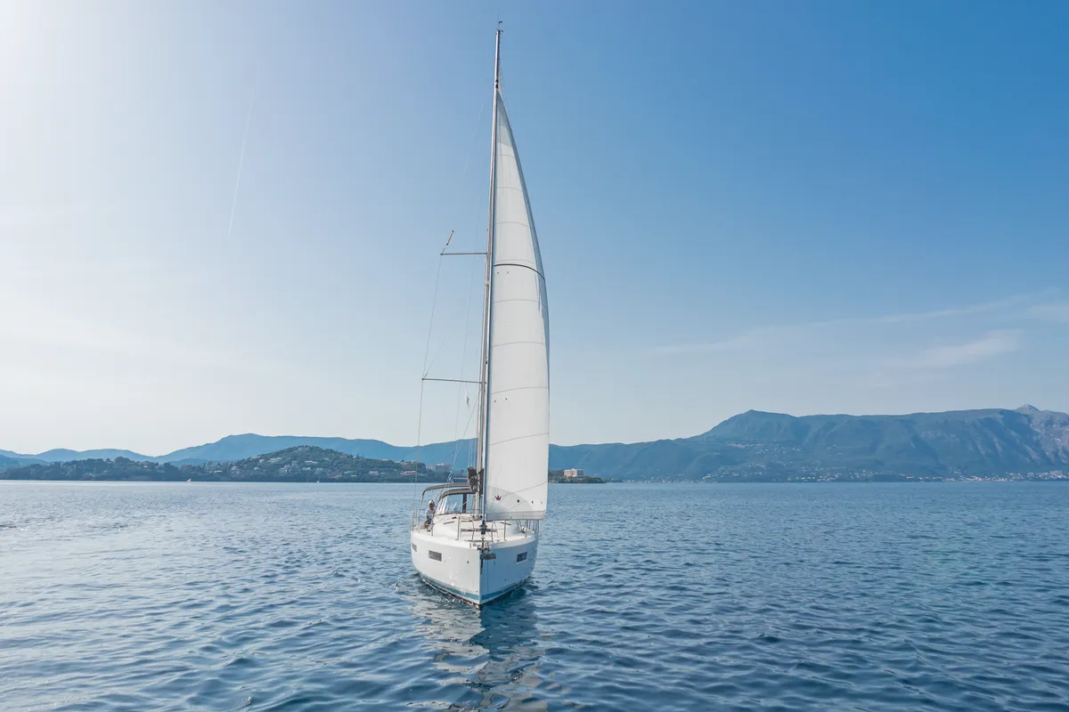 Exterior view of Pileas, a Jeanneau Sun Odyssey 490 sailboat at Kontokali, Greece