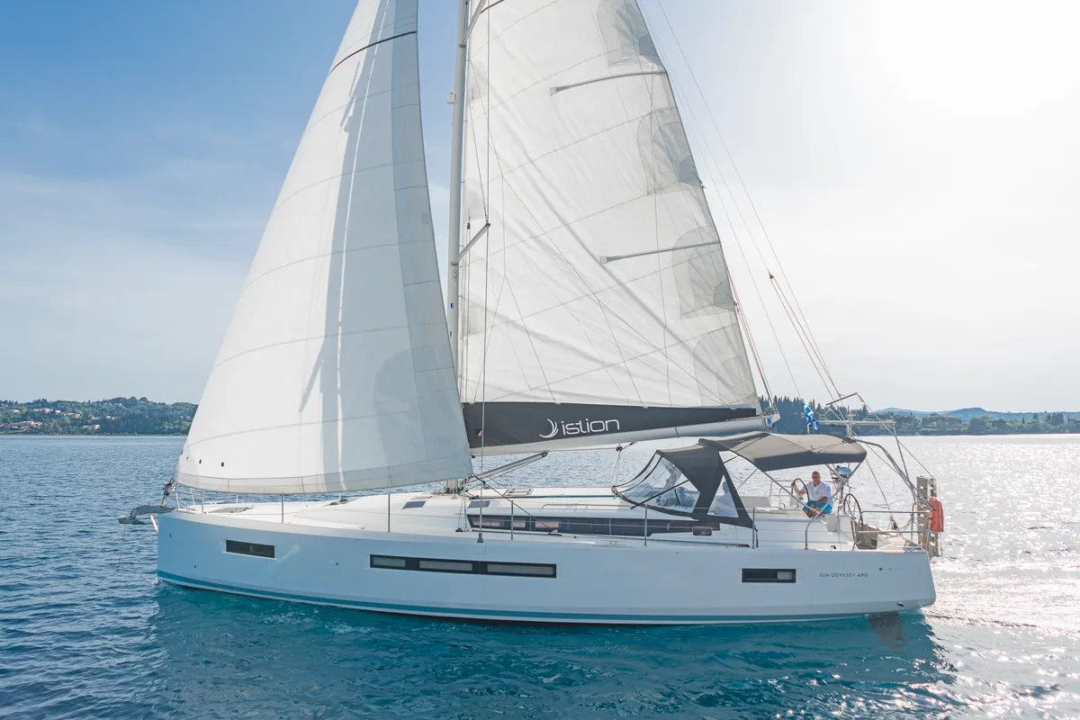 Exterior view of Pileas, a Jeanneau Sun Odyssey 490 sailboat at Kontokali, Greece