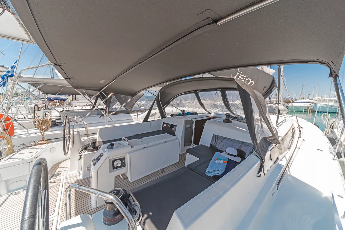Deck of Pileas, a Jeanneau Sun Odyssey 490 sailboat at Kontokali, Greece