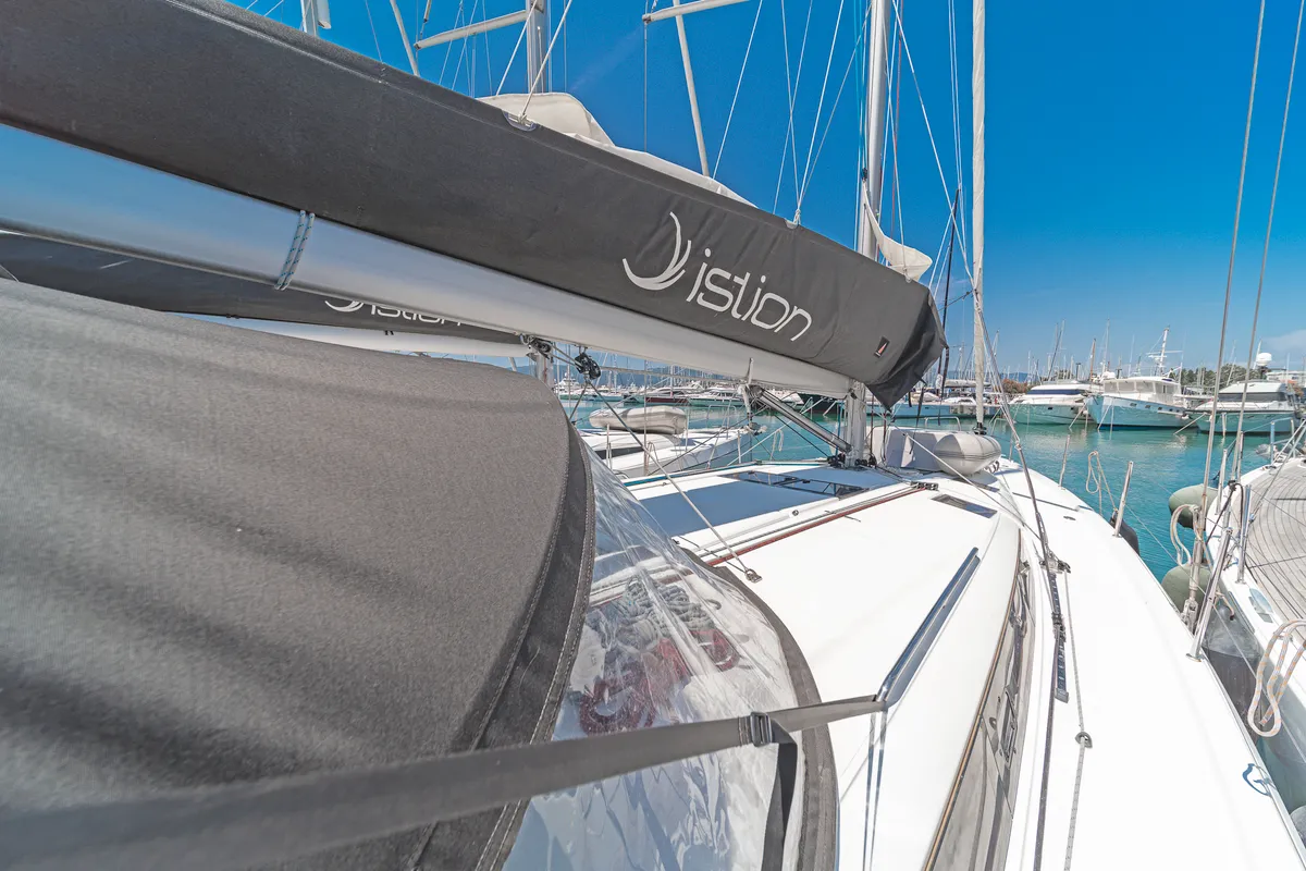 Deck of Pileas, a Jeanneau Sun Odyssey 490 sailboat at Kontokali, Greece
