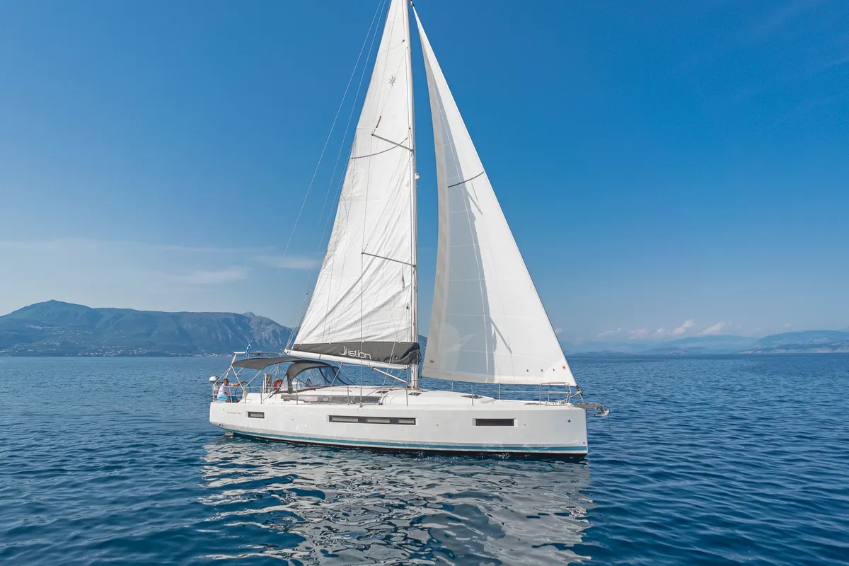 Exterior view of Pileas, a Jeanneau Sun Odyssey 490 sailboat at Kontokali, Greece