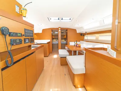 Salon of Pileas, a Jeanneau Sun Odyssey 490 sailboat at Kontokali, Greece