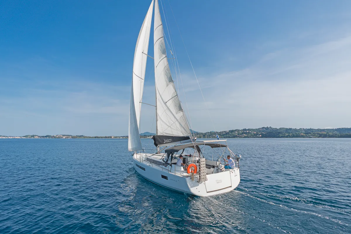 Exterior view of Pileas, a Jeanneau Sun Odyssey 490 sailboat at Kontokali, Greece