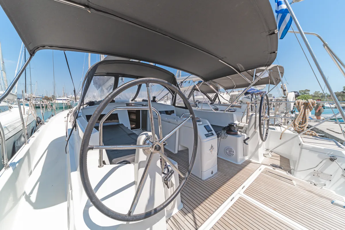 Cockpit of Pileas, a Jeanneau Sun Odyssey 490 sailboat at Kontokali, Greece