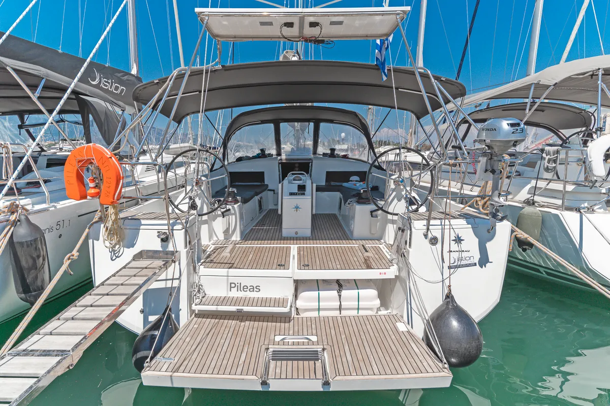Deck of Pileas, a Jeanneau Sun Odyssey 490 sailboat at Kontokali, Greece
