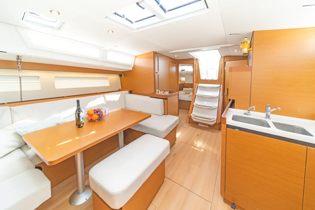 Salon of Pileas, a Jeanneau Sun Odyssey 490 sailboat at Kontokali, Greece