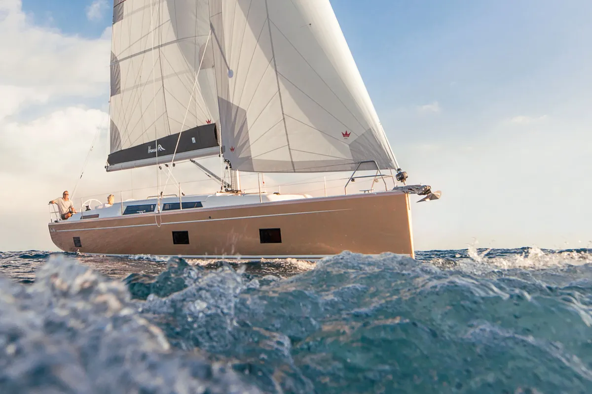 Exterior view of Themisto, a Hanse 418 sailboat at Lavrion, Greece
