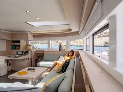 Salon of Mariella, a Lagoon 55 catamaran at Roche Caiman, Seychelles
