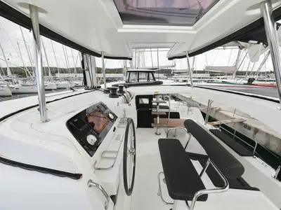 Cockpit of Lila, a Lagoon 42 catamaran at Grad Kaštela, Croatia