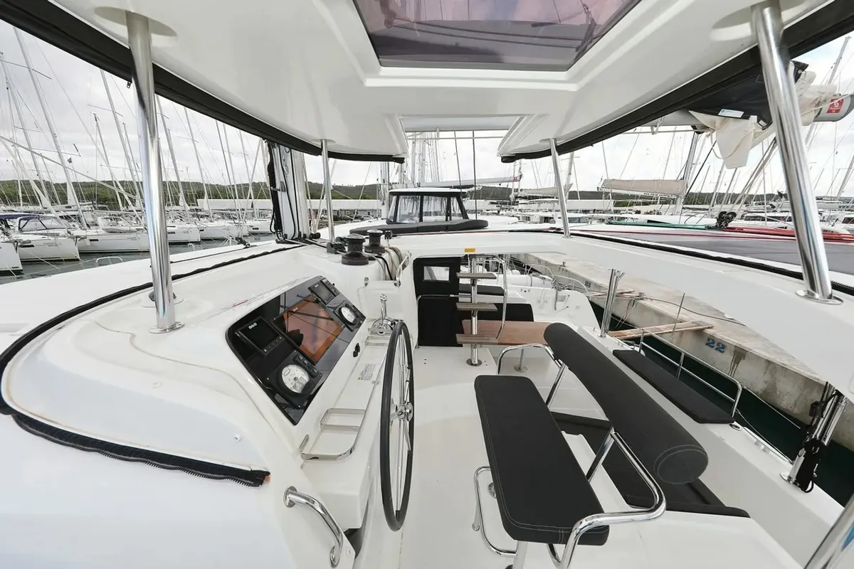 Cockpit of Lila, a Lagoon 42 catamaran at Grad Kaštela, Croatia