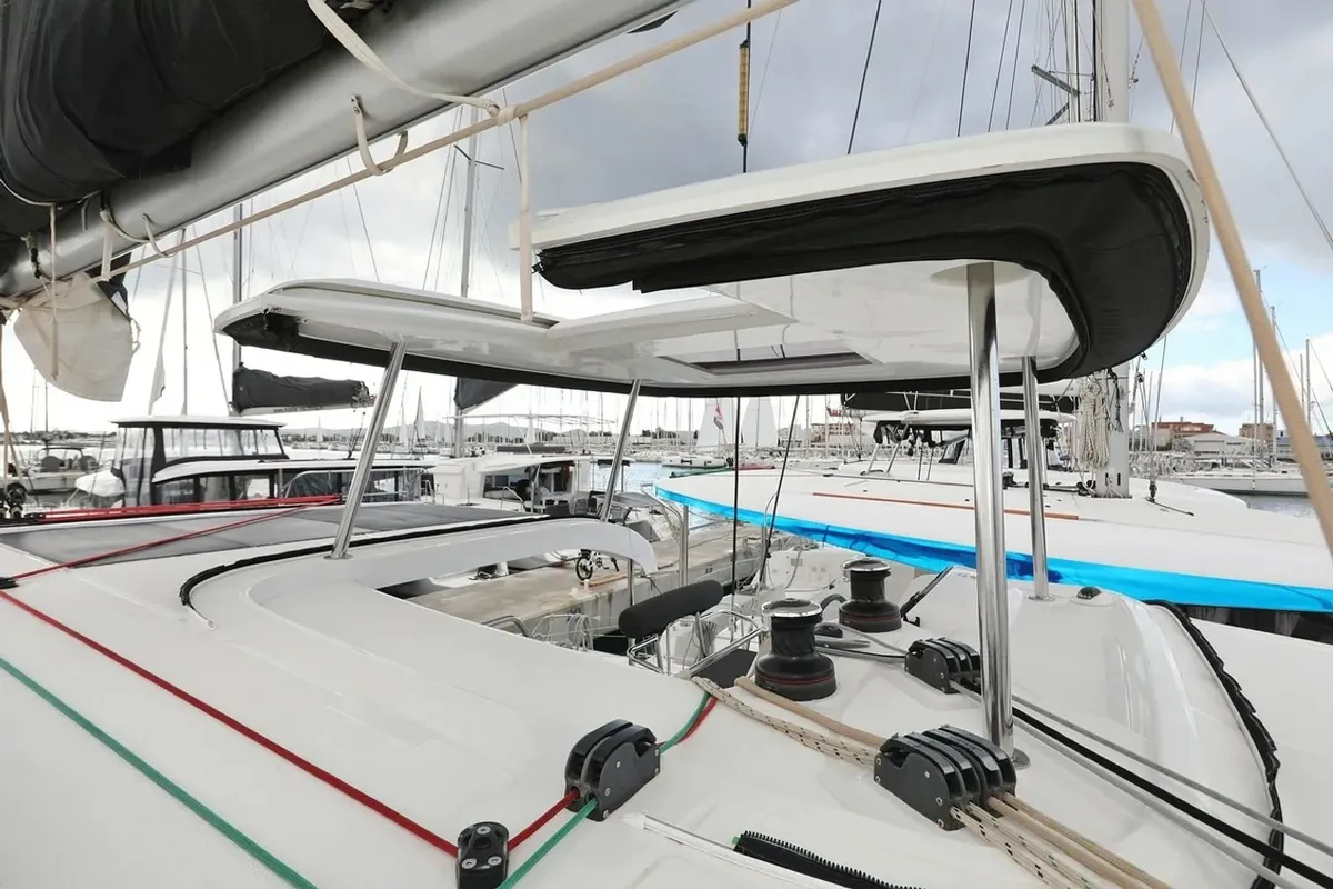Deck of Lila, a Lagoon 42 catamaran at Grad Kaštela, Croatia