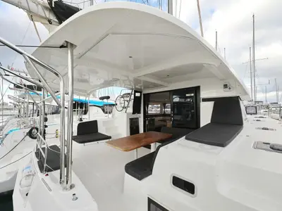 Deck of Lila, a Lagoon 42 catamaran at Grad Kaštela, Croatia