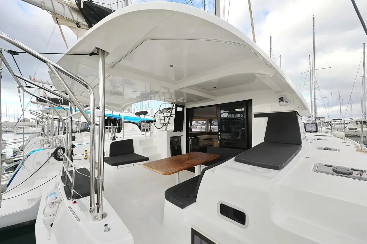Deck of Lila, a Lagoon 42 catamaran at Grad Kaštela, Croatia