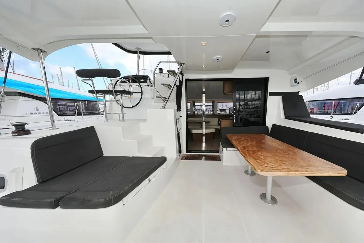 Deck of Lila, a Lagoon 42 catamaran at Grad Kaštela, Croatia