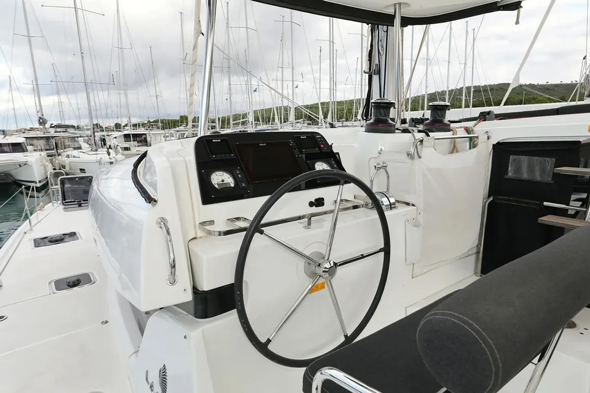Cockpit of Lila, a Lagoon 42 catamaran at Grad Kaštela, Croatia