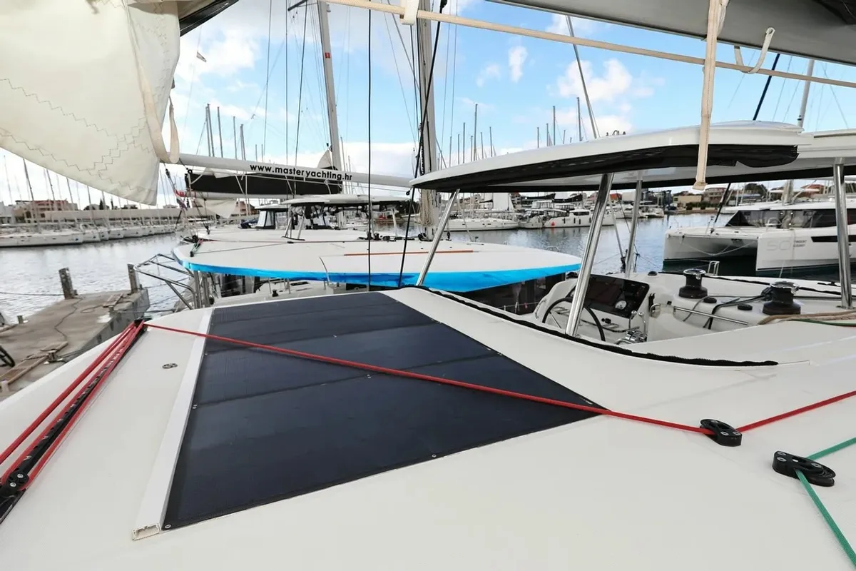 Deck of Lila, a Lagoon 42 catamaran at Grad Kaštela, Croatia