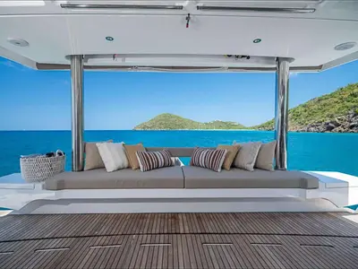 Deck of Premium, a Bali 5.4 catamaran at Sant Antoni de Portmany, Spain