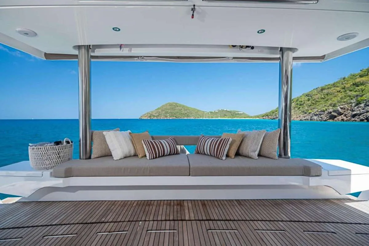 Deck of Premium, a Bali 5.4 catamaran at Sant Antoni de Portmany, Spain