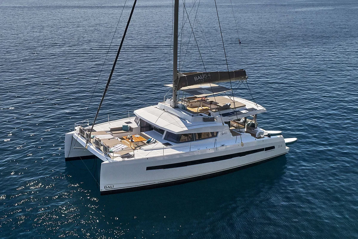 Exterior view of Premium, a Bali 5.4 catamaran at Sant Antoni de Portmany, Spain