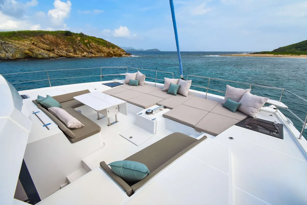 Deck of Premium, a Bali 5.4 catamaran at Sant Antoni de Portmany, Spain