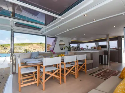 Salon of Premium, a Bali 5.4 catamaran at Sant Antoni de Portmany, Spain