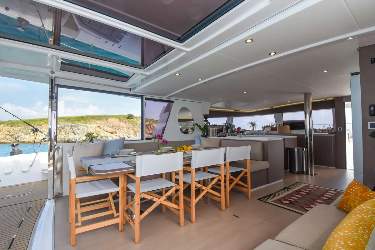 Salon of Premium, a Bali 5.4 catamaran at Sant Antoni de Portmany, Spain