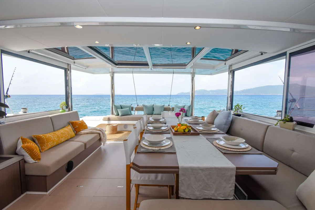 Salon of Premium, a Bali 5.4 catamaran at Sant Antoni de Portmany, Spain