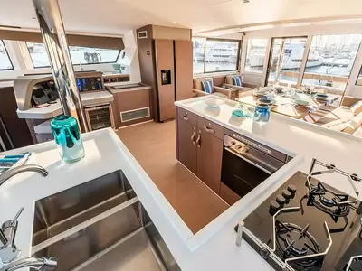 Galley of Premium, a Bali 5.4 catamaran at Sant Antoni de Portmany, Spain