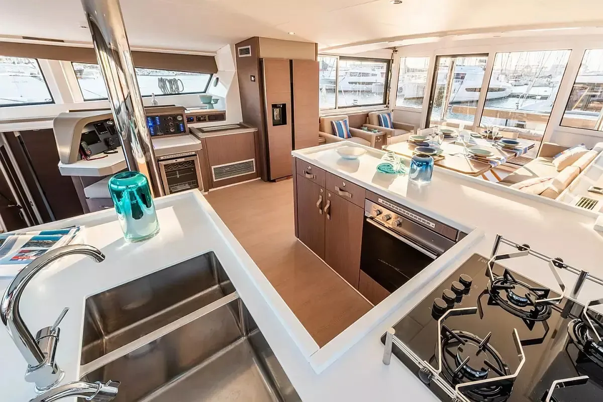 Galley of Premium, a Bali 5.4 catamaran at Sant Antoni de Portmany, Spain