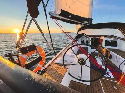 Cockpit of Czarci Ostrow, a Northman Maxus 34 sailboat at Sztynort, Poland